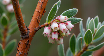 Reddish-Brown Peeling Bark of Arctostaphylos with Wax-Coated Pink Blossoms and Dew-Kissed Foliage, Natural Light, Soft Focus