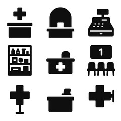 Pharmacy Elements Icons. Solid vector icons of pharmacy interior elements: pharmacy counter, prescription pickup window, cashier