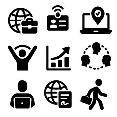 Future of Work Icons. Solid style icons of future of work mobility: globe with briefcase, smart remote badge, anywhere job symbol,
