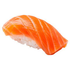 Single Piece of Salmon Nigiri Sushi Vivid Orange Red Fish on White Rice Isolated on white Background Closeup Studio Shot of Japanese Cuisine Food Photography