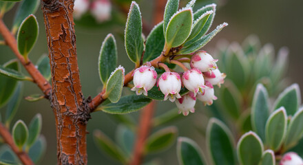 Shallow Depth Macro of Smooth Manzanita Bark with Dew-Covered Blossoms and Evergreen Leaves, Captured on a Crisp Morning