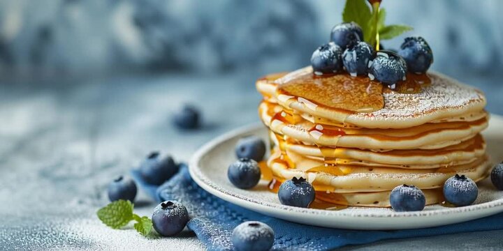 Fluffy tasty pancakes with blueberries on a plate in bright daylight. Rustic shabby chic feel. Pancake Day. Banner with empty space for text. Maple Sirup Pouring over pancakes. - Powered by Adobe