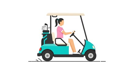 Fototapeta premium Woman Driving Golf Cart with Clubs in Minimalist Design