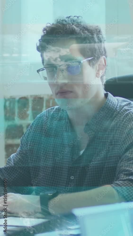 Poster animation of financial data processing over businessman taking notes in office