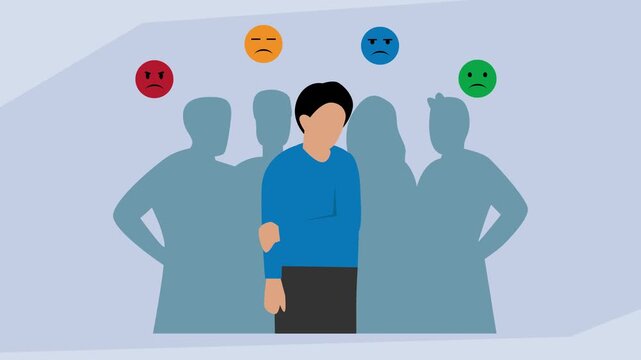 Bullying and Social Rejection – Depressed Person Surrounded by Negative Emotions cartoon animation