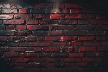 Grungy, aged red brick wall texture with a dark, urban architectural pattern