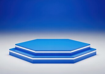 A futuristic blue hexagon podium with glowing neon light