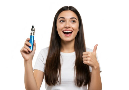 A happy woman with long hair giving a thumbs up while holding a vape device, isolated on transparent background