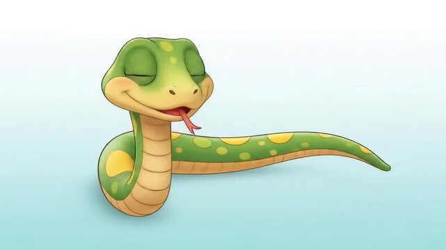 Animated green snake character slithering and moving on a light blue background