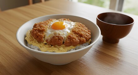 Delicious Katsudon Japanese Dish with Fried Egg Topped on Rice and  Crispy Pork Cutlet Served in a Bowl