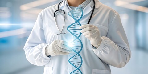 Scientist examining a glowing blue DNA helix in a modern medical laboratory
