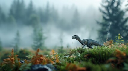 Fototapeta premium An Allosaurus emerges from a misty swamp, its silhouette menacing against the dense fog.
