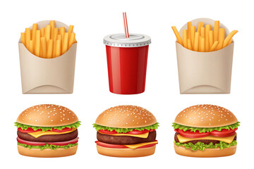 Three Cheeseburgers French Fries Soda Red Cup Sesame Buns... isolated on a transparent background