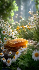 Golden Honeycomb and Blooming Daisies on Wooden Surface – Rustic Close-Up Scene of Natural Sweetness and Floral Harmony in Summer Light