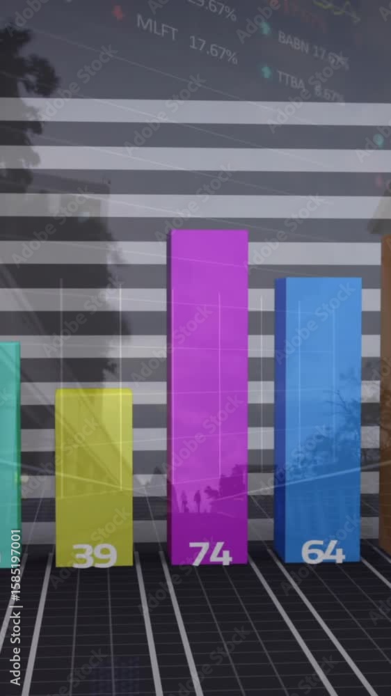 Aufkleber animation of statistical data processing against time-lapse of people walking on the city bridge