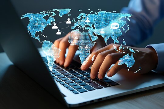 Hands typing on a laptop keyboard with a digital world map overlay showing connections and social media icons representing global communication and networking
