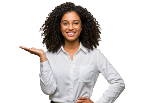 A smiling businesswoman with curly hair and glasses presents with an open hand, isolated on transparent background - Powered by Adobe