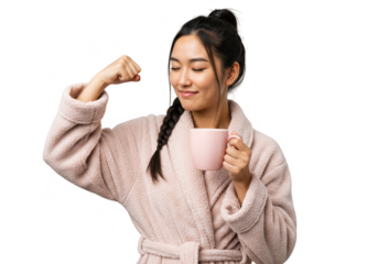 An asian woman in a cozy bathrobe flexes her arm while holding a mug of coffee, ready to start the day, isolated on white isolated on transparent background