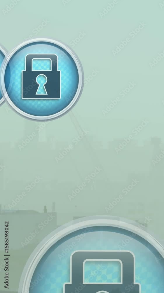 Poster animation of multiple security padlock icons floating against aerial view of cityscape