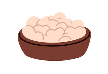 Cottage cheese in bowl. Fresh curds served in wooden pot, healthy protein food ingredient, product. Natural vegetarian dairy dish, eating. Flat vector illustration isolated on white background