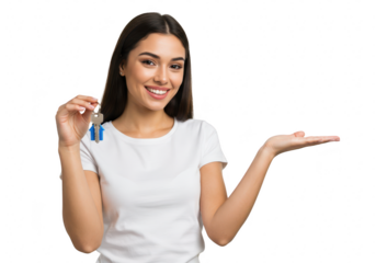 A happy young woman holds a house key, presenting it with an open palm isolated on a transparent background