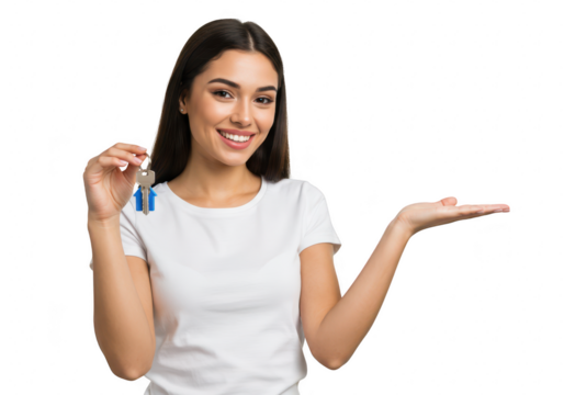 A happy young woman holds a house key, presenting it with an open palm isolated on a transparent background