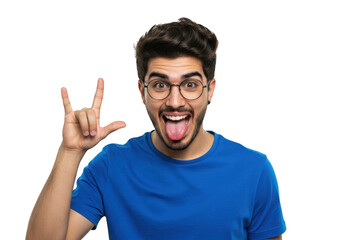 An excited young man wearing glasses and a blue tshirt sticks his tongue out and makes the rock on gesture isolated on a transparent background