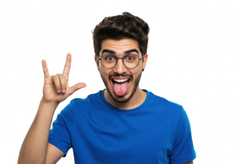 An excited young man wearing glasses and a blue tshirt sticks his tongue out and makes the rock on gesture isolated on a transparent background