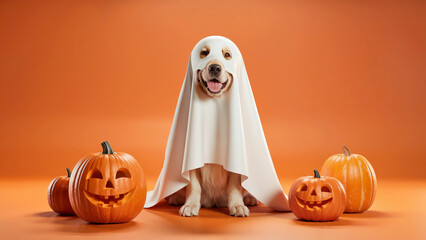 Adorable golden retriever dog dressed as a friendly ghost sits among carved pumpkins for halloween celebration