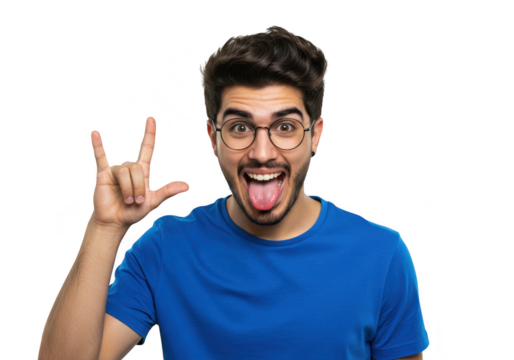 An excited young man wearing glasses and a blue tshirt sticks his tongue out and makes the rock on gesture isolated on a transparent background