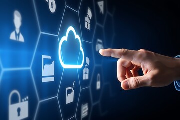 A human finger points towards a glowing cloud icon surrounded by digital icons representing data security and people within a futuristic hexagonal network on a dark blue background