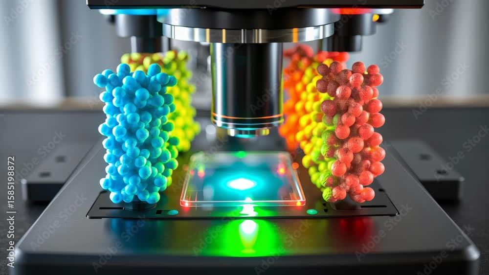 Poster tumor suppression concept ,colorful molecular structures in high tech microscope showcase advanced s