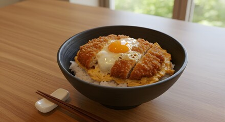 Delicious Katsudon Japanese Dish: Crispy Pork Cutlet, Fluffy Rice, and a Sunny-Side Up Egg