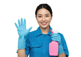 A smiling woman in blue uniform and blue gloves holds a pink spray bottle, waving hello, isolated on a transparent background