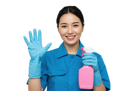 A smiling woman in blue uniform and blue gloves holds a pink spray bottle, waving hello, isolated on a transparent background