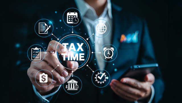 Businessman interacting with digital interface displaying tax time concept with financial and planning icons
