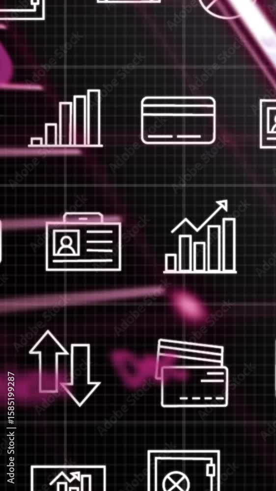 Poster Animation of digital icons and statistical data processing over spinning globe on black background