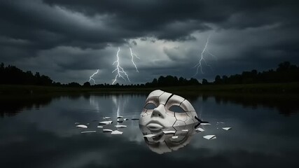Surreal broken doll head in dark water under stormy sky