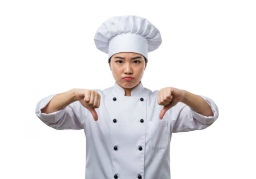 A chef woman in a white uniform and hat gives a thumbs down gesture with a disapproving expression, isolated on a transparent background - Powered by Adobe