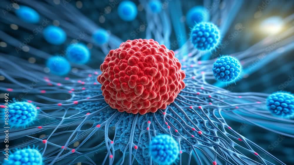 Poster tumor suppression concept ,cell structure with red nucleus and blue particles in molecular biology n