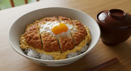 Delicious Japanese Omurice Katsudon Rice Bowl: Crispy Cutlets, Fluffy Omelet, Savory Sauce