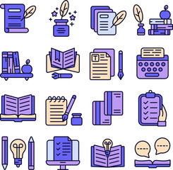 Writing illustration set. Includes of writing, book, author, novel, poem, story, and More. Vector flat color collection	