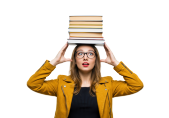 Isolated Young Woman Balancing Books on Head Looking Surprised