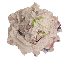 Top view Pile of dirty reusable kitchen towels, dish towels, hand towels suspended isolated on white background.	