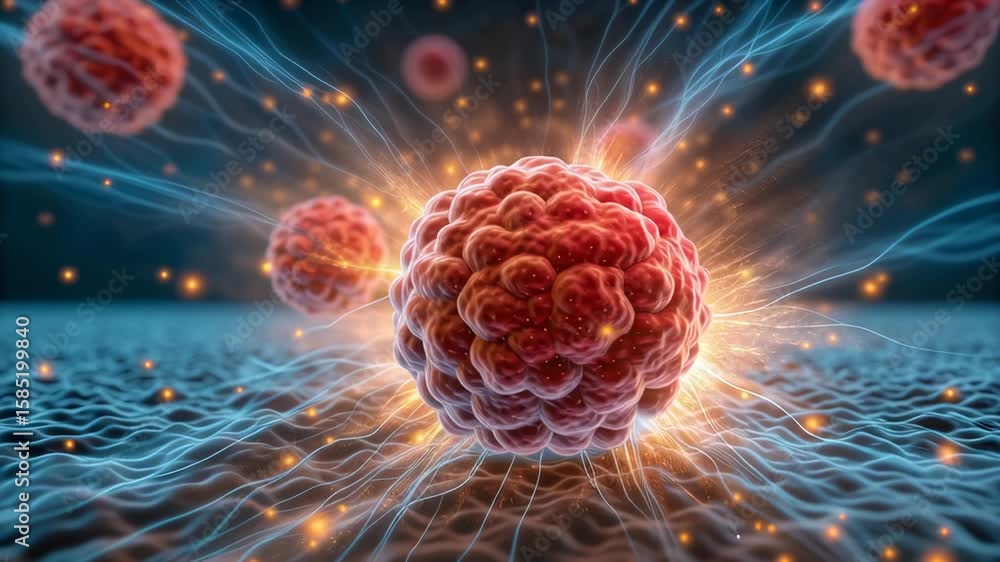 Poster tumor suppression concept ,vibrant energy waves showcase dynamic movement and intricate structure of
