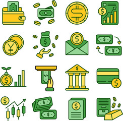 Currency illustration set. Includes of money, finance, cash, coin, dollar, and More. Vector flat color collection	