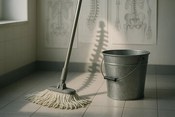 Mop and metal bucket casting spine shadow on tiled medical room floor with anatomical posters