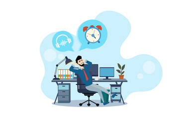 Businessman relaxing at work desk with coffee and music. Stress-free, break time, and work-life balance concept.