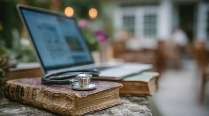 Close-up of stethoscope coiled on top of worn medical textbooks beside open laptop, hands typing in soft daylight, symbolizing focused healthcare study in modern academic workspace