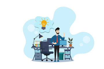 Businessman with bright idea at workplace. Innovation, brainstorming, creativity, and startup business concept.
